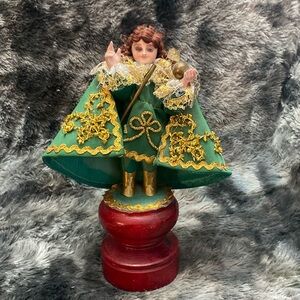 VTG Infant Of Prague Santo Nino Doll Statue on Wood Carved Base